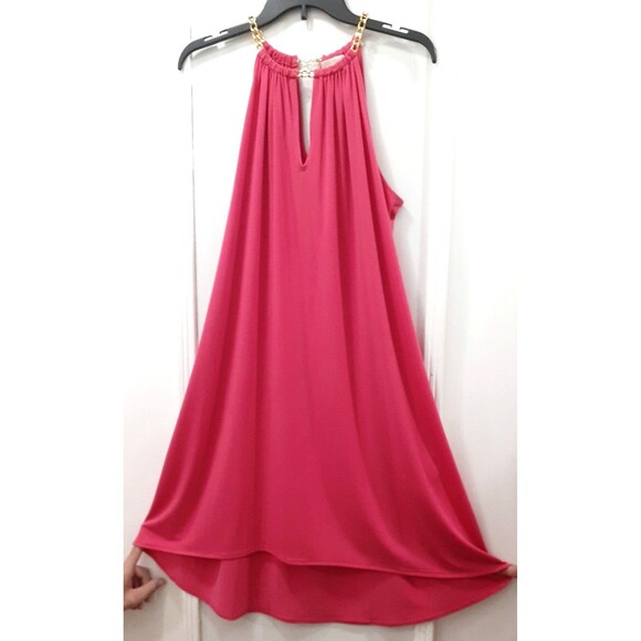 Michael Kors Dresses & Skirts - Michael Kors Hot Pink Dress SZ Lrg Halter with Gold Chain Neckline Chic Elegant